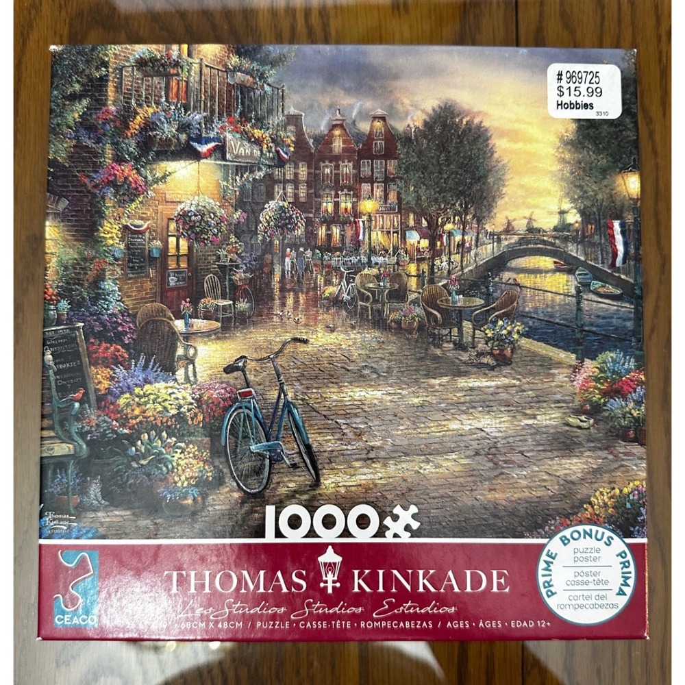 Ceaco Thomas Kinkade Amsterdam Cafe 1000 Piece Jigsaw Puzzle 41044 Bonus Poster